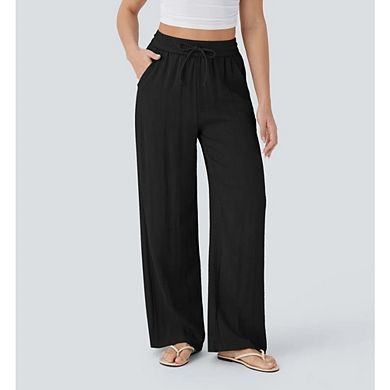 Women's Linen Blend Drawstring Wide Leg Pants Casual Elastic Waist Trousers with Pockets
