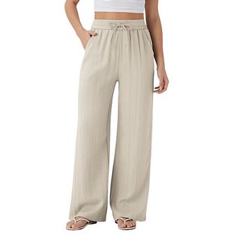Women's Linen Blend Drawstring Wide Leg Pants Casual Elastic Waist Trousers with Pockets