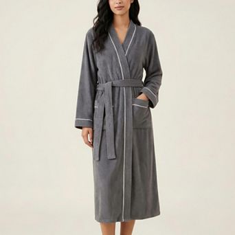Women's Long Lightweight Robe with Contrast Trim Tie Waist Belt Front Pockets Soft Robe