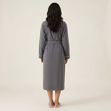 Women's Long Lightweight Robe with Contrast Trim Tie Waist Belt Front Pockets Soft Robe