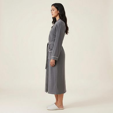 Women's Long Lightweight Robe with Contrast Trim Tie Waist Belt Front Pockets Soft Robe