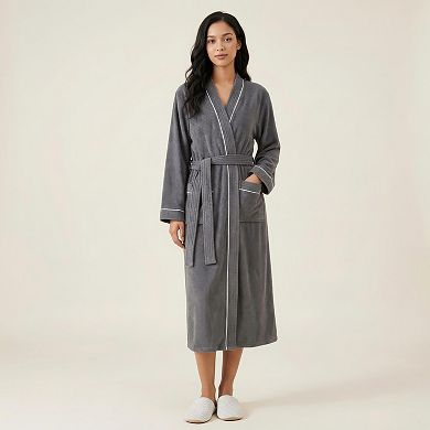 Women's Long Lightweight Robe with Contrast Trim Tie Waist Belt Front Pockets Soft Robe