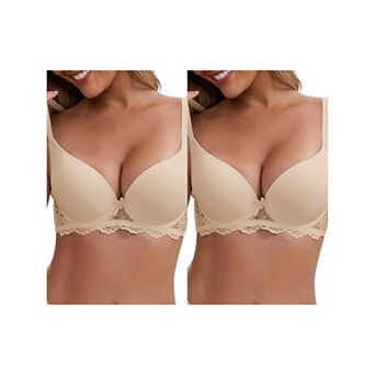 2 Packs Women's Lace Plunge Push Up Underwired Bra Adjustable Spaghetti Straps Soft Cup Lingerie