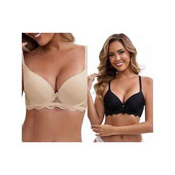 2 Packs Women's Lace Plunge Push Up Underwired Bra Adjustable Spaghetti Straps Soft Cup Lingerie