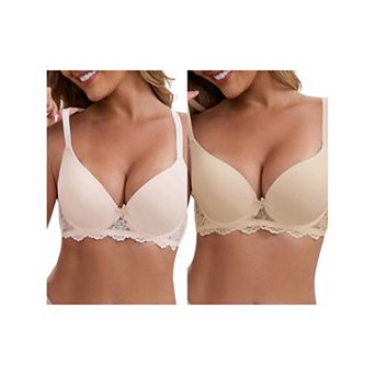 2 Packs Women's Lace Plunge Push Up Underwired Bra Adjustable Spaghetti Straps Soft Cup Lingerie