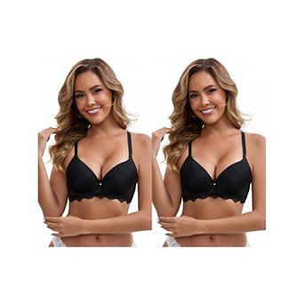 2 Packs Women's Lace Plunge Push Up Underwired Bra Adjustable Spaghetti Straps Soft Cup Lingerie