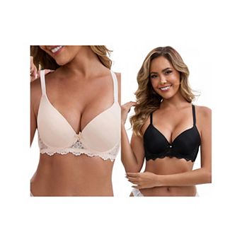 2 Packs Women's Lace Plunge Push Up Underwired Bra Adjustable Spaghetti Straps Soft Cup Lingerie