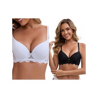 2 Packs Women's Lace Plunge Push Up Underwired Bra Adjustable Spaghetti Straps Soft Cup Lingerie