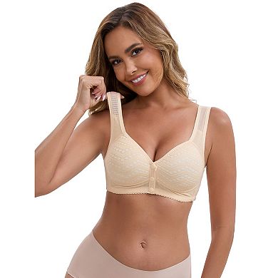 2 Packs Women's Lace Front Closure Full Cup Wireless Bra V-Neck Wide Straps Soft Push Up Bras