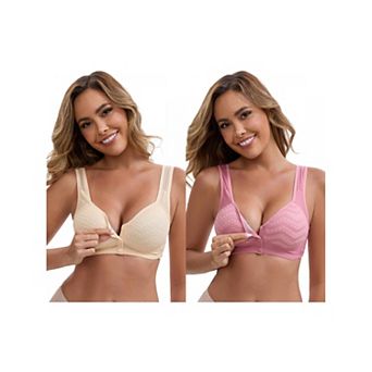 2 Packs Women's Lace Front Closure Full Cup Wireless Bra V-Neck Wide Straps Soft Push Up Bras