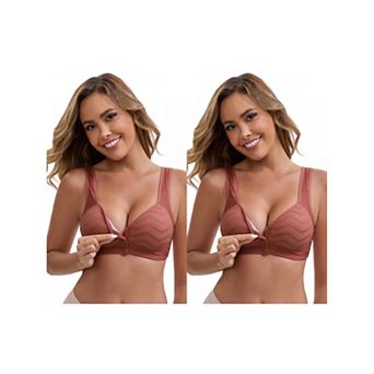 2 Packs Women's Lace Front Closure Full Cup Wireless Bra V-Neck Wide Straps Soft Push Up Bras
