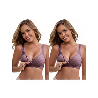 2 Packs Women's Lace Front Closure Full Cup Wireless Bra V-Neck Wide Straps Soft Push Up Bras