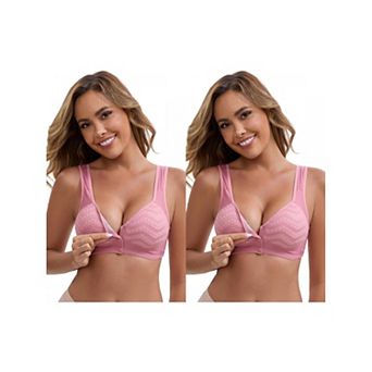 2 Packs Women's Lace Front Closure Full Cup Wireless Bra V-Neck Wide Straps Soft Push Up Bras