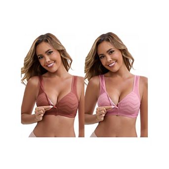 2 Packs Women's Lace Front Closure Full Cup Wireless Bra V-Neck Wide Straps Soft Push Up Bras