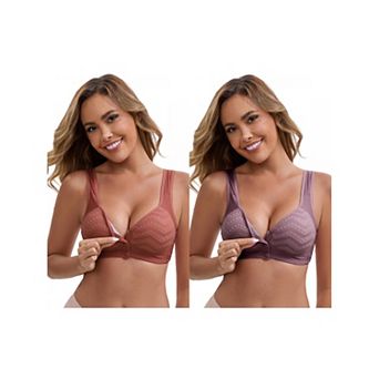 2 Packs Women's Lace Front Closure Full Cup Wireless Bra V-Neck Wide Straps Soft Push Up Bras