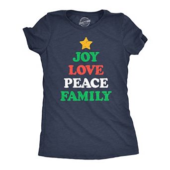 Womens Funny T Shirts Joy Peace Love Family Awesome Christmas Tree Graphic Tee for Ladies