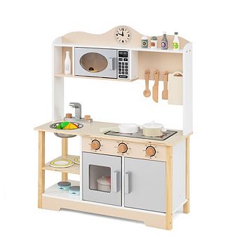 Gymax Wooden Play Kitchen for Kids Cooking Toy Playset w/ Microwave Stove Dish Rack