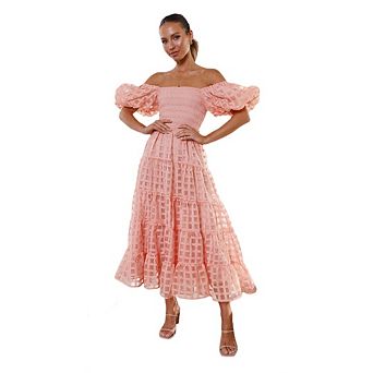 Women's Casual Summer Dress Off the Shoulder Lantern Short Sleeve Smocked Tiered A Line Dresses