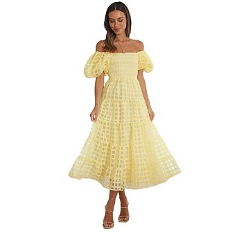 Women's Casual Summer Dress Off the Shoulder Lantern Short Sleeve Smocked Tiered A Line Dresses