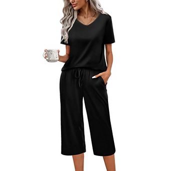 Ekouaer Womens Pajama Sets Soft Cotton Pj Short Sleeve Top with Capri Pants Sleepwear 2 pc Print