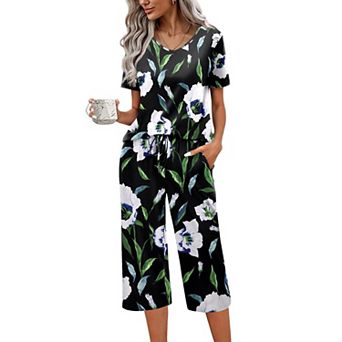 Ekouaer Womens Pajama Sets Soft Cotton Pj Short Sleeve Top with Capri Pants Sleepwear 2 pc Print