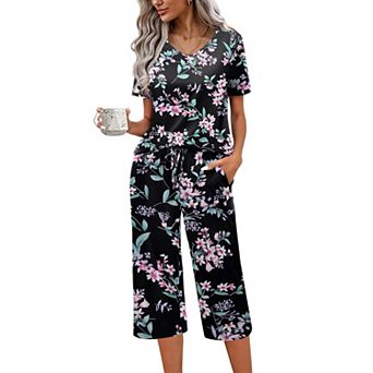 Ekouaer Womens Pajama Sets Soft Cotton Pj Short Sleeve Top with Capri Pants Sleepwear 2 pc Print