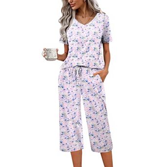 Ekouaer Womens Pajama Sets Soft Cotton Pj Short Sleeve Top with Capri Pants Sleepwear 2 pc Print