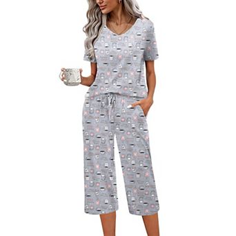 Ekouaer Womens Pajama Sets Soft Cotton Pj Short Sleeve Top with Capri Pants Sleepwear 2 pc Print