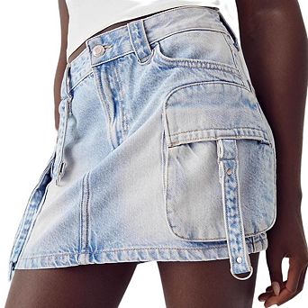 Women's High Waist Cargo Denim Mini Skirt Vintage Washed Utility Jean Skirt