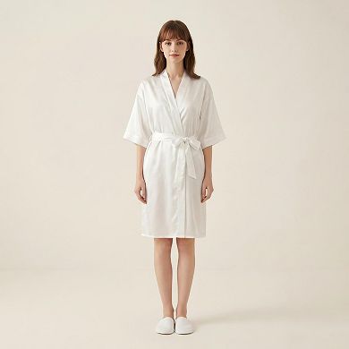 Women's Satin Wrap Robe with Self Tie Waist Belt Short Sleeve Silky Smooth Lightweight Robe