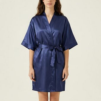 Women's Satin Wrap Robe with Self Tie Waist Belt Short Sleeve Silky Smooth Lightweight Robe
