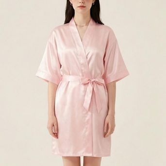 Women's Satin Wrap Robe with Self Tie Waist Belt Short Sleeve Silky Smooth Lightweight Robe