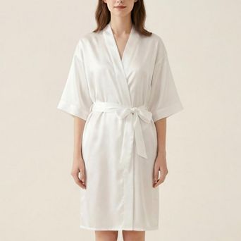 Women's Satin Wrap Robe with Self Tie Waist Belt Short Sleeve Silky Smooth Lightweight Robe