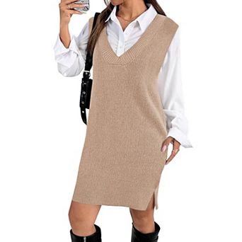 Zeagoo Women's V Neck Oversized Sleeveless Knit Sweater Vest Dress Fall Winter Pullovers