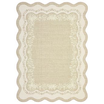 Fashionwu Scalloped Edge Area Rug Floral Border Low Pile Non Slip Carpet Washable Soft Thin Mat