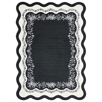 Fashionwu Scalloped Edge Area Rug Floral Border Low Pile Non Slip Carpet Washable Soft Thin Mat