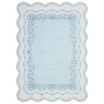 Fashionwu Scalloped Edge Area Rug Floral Border Low Pile Non Slip Carpet Washable Soft Thin Mat