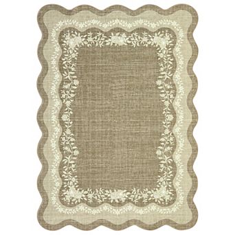 Fashionwu Scalloped Edge Area Rug Floral Border Low Pile Non Slip Carpet Washable Soft Thin Mat
