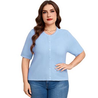 Plus Size Women Lightweight Cardigan Short Sleeve Button Down Knit Top