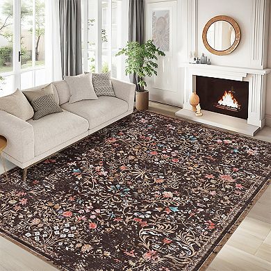Floral Area Rugs, Washable Stain Resistant Non Slip Low Pile Boho Forest Giverny Carpet