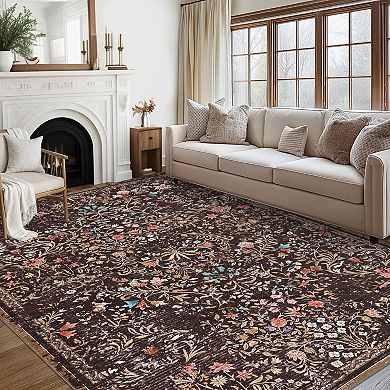 Floral Area Rugs, Washable Stain Resistant Non Slip Low Pile Boho Forest Giverny Carpet