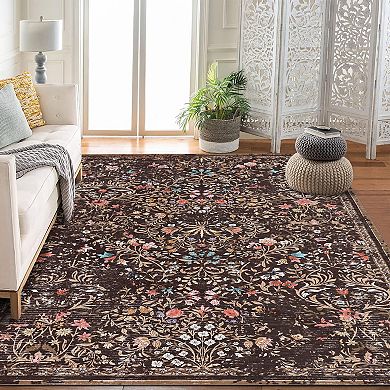 Floral Area Rugs, Washable Stain Resistant Non Slip Low Pile Boho Forest Giverny Carpet