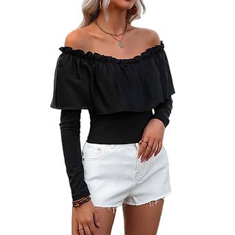 Women's Rib-Knit Long Sleeve Top with Ruffle Trim & Off-Shoulder Style