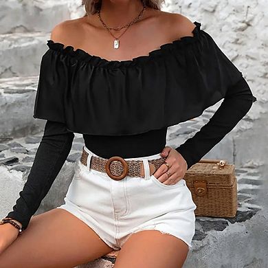 Women's Rib-Knit Long Sleeve Top with Ruffle Trim & Off-Shoulder Style