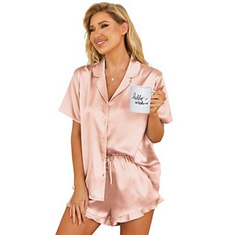 Ekouaer Womens Satin Pajamas Set Button Down 2 pc Silk Pjs Shorts Set Ruffle Lingerie Notch