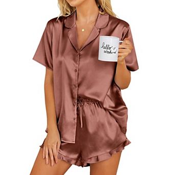 Ekouaer Womens Satin Pajamas Set Button Down 2 pc Silk Pjs Shorts Set Ruffle Lingerie Notch