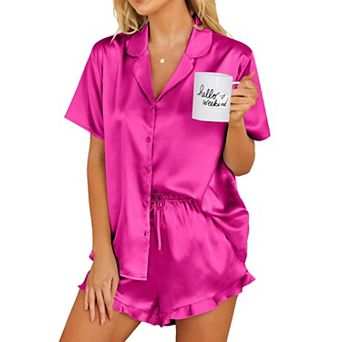 Ekouaer Womens Satin Pajamas Set Button Down 2 pc Silk Pjs Shorts Set Ruffle Lingerie Notch