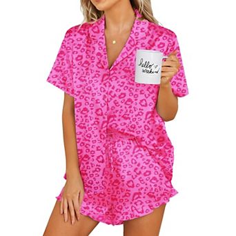 Ekouaer Womens Satin Pajamas Set Button Down 2 pc Silk Pjs Shorts Set Ruffle Lingerie Notch