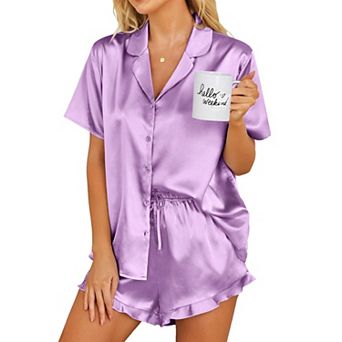 Ekouaer Womens Satin Pajamas Set Button Down 2 pc Silk Pjs Shorts Set Ruffle Lingerie Notch