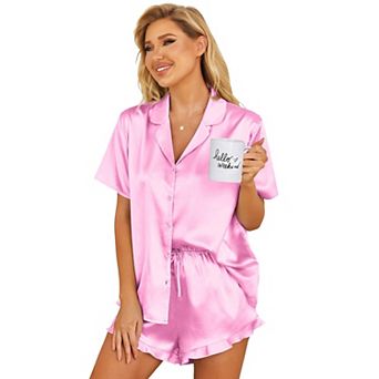 Ekouaer Womens Satin Pajamas Set Button Down 2 pc Silk Pjs Shorts Set Ruffle Lingerie Notch